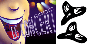 Un personnage chante, le titre "Le Concert" sort de sa bouche, et deux masques représentant l'univers de la scène finalise ce visuel afin de désigner la navigation vers la page du spectacle de Stephy Le Concert