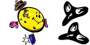 Image de lien de La lune en personnage qui saute, et deux masques représentant l'univers de la scène afin de désigner la navigation vers la page du spectacle de Stephy Swing la Lune.